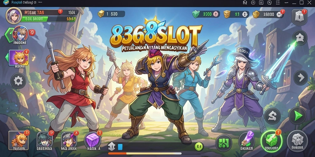 Tampilan gameplay 8368SLOT yang penuh warna dan karakter anime yang menarik.