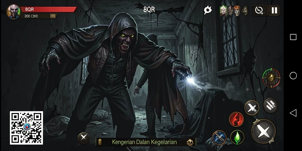 Tangkapan layar menampilkan momen menakutkan dalam gameplay 8QR.