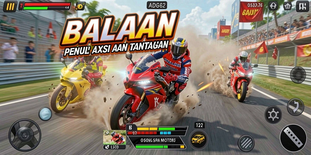 Screenshot gameplay ADG62 menampilkan aksi balap motor yang mendebarkan.