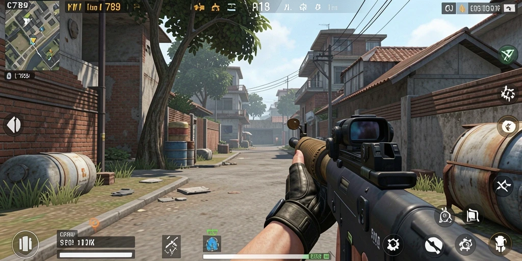 Screenshot gameplay C789 yang menunjukkan aksi pertarungan FPS yang intens.