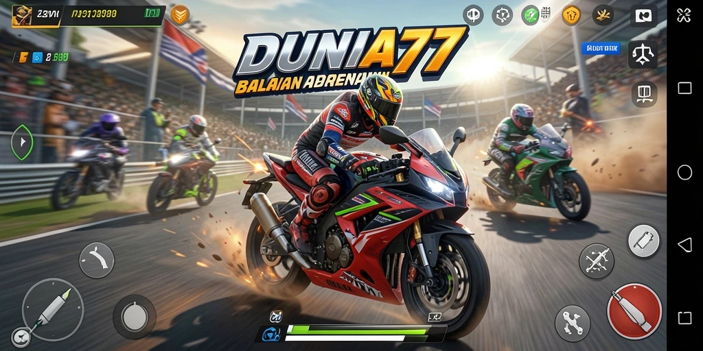 Gameplay DUNIA77 menampilkan aksi balapan motor yang mendebarkan.
