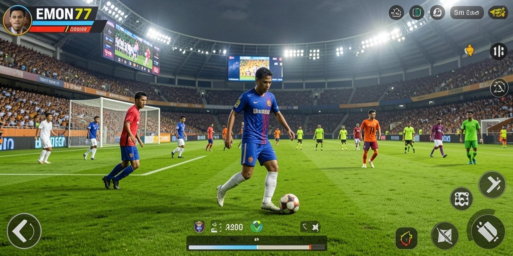 Tampilan gameplay menarik dari EMON77 yang menggambarkan pertandingan sepak bola.