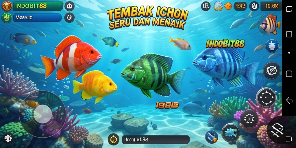 Tampilan gameplay seru di INDOBIT88 dengan aksi menembak ikan.