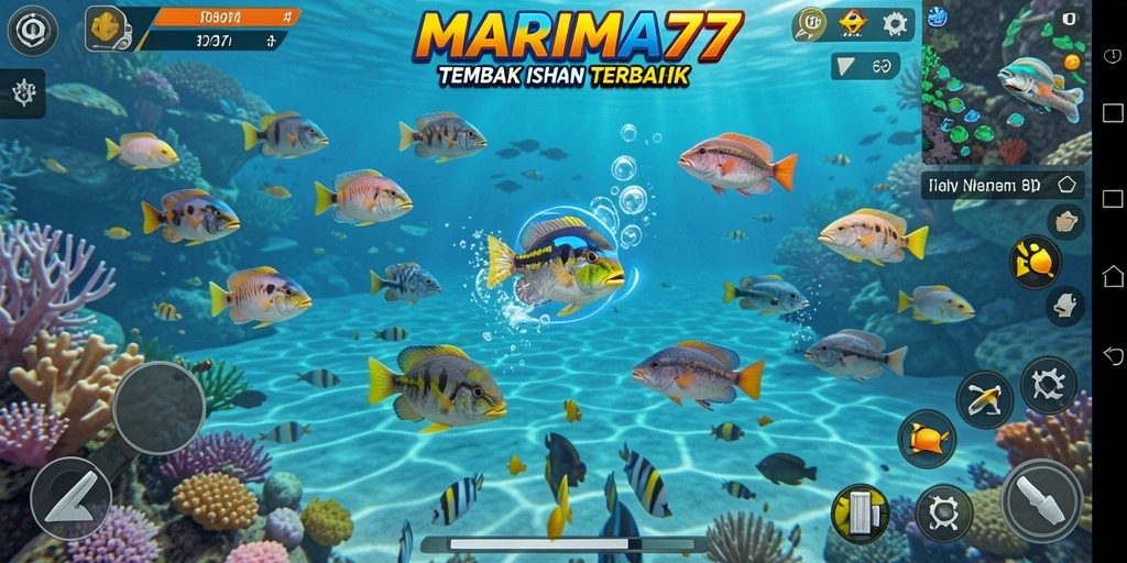 Gameplay seru Tembak Ikan di MARIMA77 dengan grafis menarik.