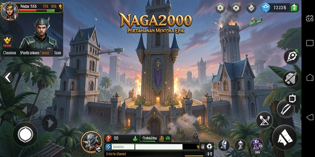 Tangkapan layar gameplay NAGA2000 dengan menara pertahanan yang dinamis.