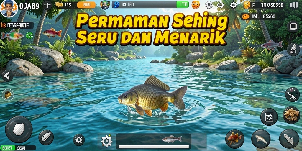 Tampilan gameplay OJA89 saat menangkap ikan di danau yang indah.