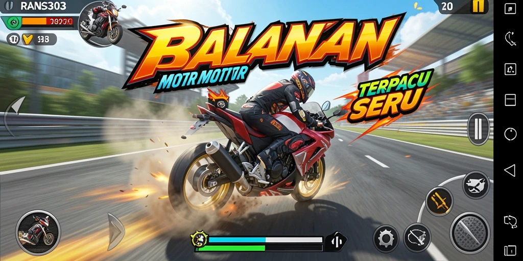 Tangkapan layar gameplay RANS303 yang menampilkan balapan motor yang mendebarkan.