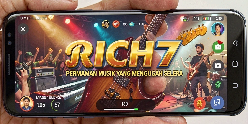 Gambaran gameplay RICH7 yang menampilkan aksi musik yang seru.
