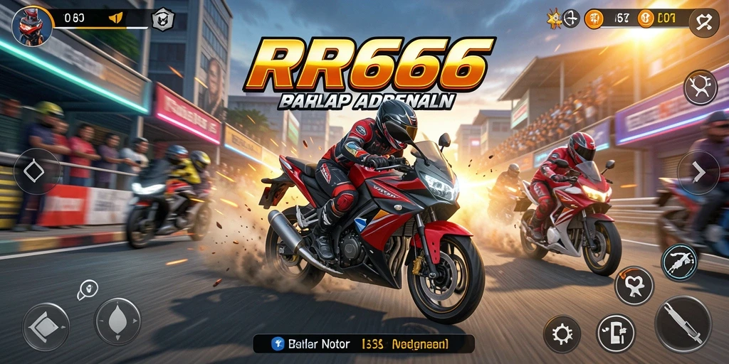 Tampilan gameplay RR666 dengan balapan motor yang mendebarkan di lintasan.